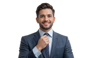 Smiling businessman in blue suit adjusting tie isolated on transparent background