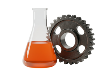 Orange liquid in erlenmeyer flask with metal gear