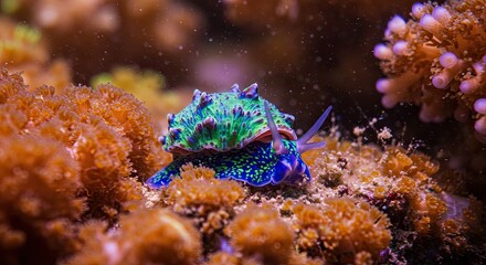 Fototapeta premium Intricate Sea Hare Amongst Vibrant Coral Formations: A Glimpse into the Underwater World, Revealing Marine Life and Biodiversity