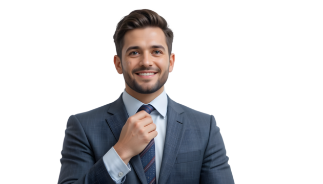Smiling businessman in blue suit adjusting tie isolated on transparent background