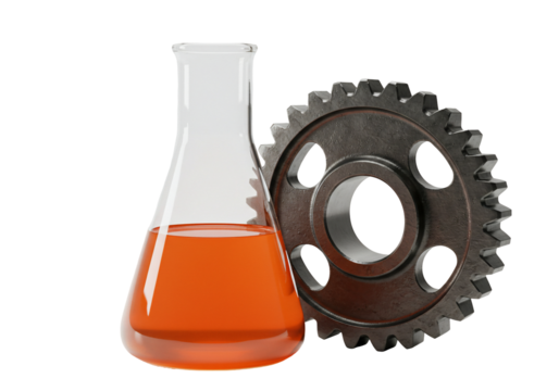 Orange liquid in erlenmeyer flask with metal gear - Powered by Adobe