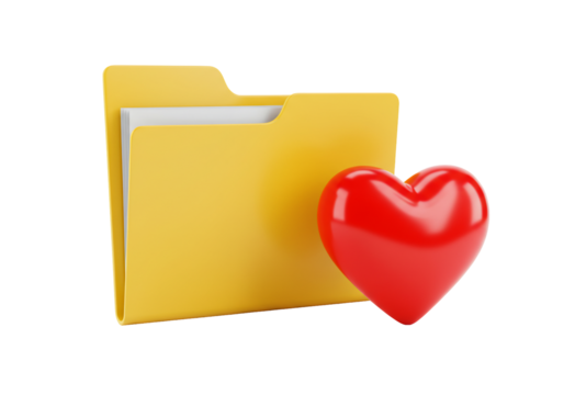 Yellow folder with red heart icon 3 d rendering