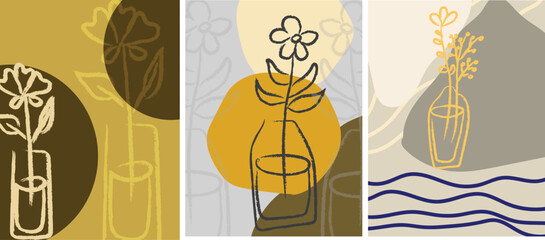 Abstract wall art or poster vector set. Hand draw cover template leaves and line art background, Vintage line art drawing with abstract shape. Abstract, design for print, cover, wallpaper, Minimal art