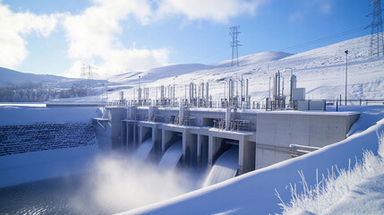Renewable energy generation at a hydroelectric facility in winter Generative AI