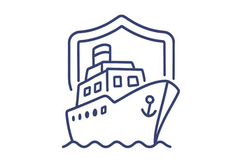 Obraz premium Maritime insurance vector icon. Ship, vessel protected by a shield. Concept of cargo safety, freight protection, shipping security, logistics, and marine transport guarantee.