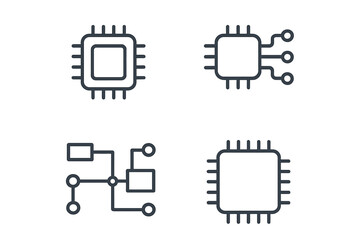 Technology line icons set. Microchip, processor, CPU, circuit scheme. Editable stroke vector. Minimal linear pictogram for app, web, banner design. Computer hardware symbol.
