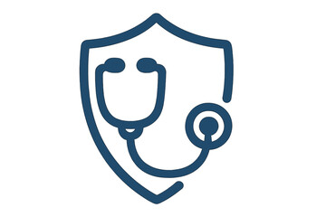 Health insurance concept with stethoscope and shield. Medical protection logo. Healthcare security and safety symbol. Cardiology sign. Doctor care vector line icon for web.