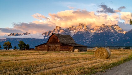 Rustic barn at sunset, mountains