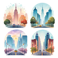 Watercolor Cityscape Collection featuring Urban Roads and Skyscrapers with Vibrant Colors and Artistic Flair Set of Four Unique Skyline Illustrations Perfect for Design Projects