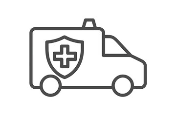 Fototapeta premium Ambulance with shield icon. Health insurance concept. Medical protection symbol. Emergency vehicle line pictogram for web, app, and graphic design. Vector illustration.