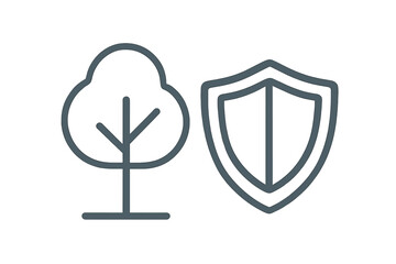 Environment protection icon with tree and shield. Vector outline illustration of nature safety, ecology, conservation, sustainability, growth, and natural security.