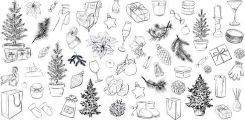 Big Christmas set with trees and decorations hand drawn vector