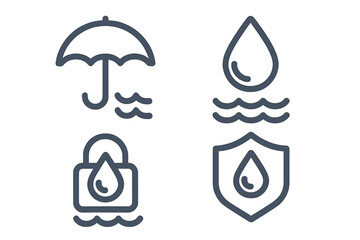 Waterproof icon set. Water resistant and protection symbols. Drop, shield, umbrella, lock. Vector line art for web, app, ui, ux. Liquid, rain, safety, security concept.