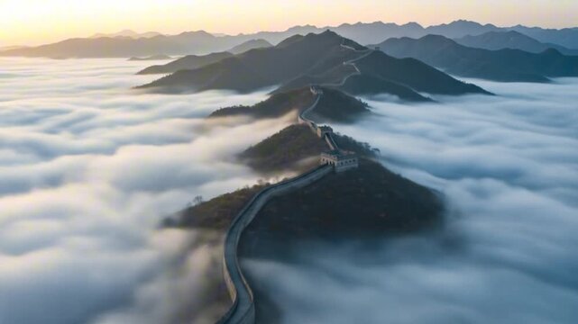 Great Wall of China snaking across mountain peaks amidst a sea of lowlying clouds