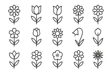 Flower icon set with editable stroke. Simple floral line art collection for nature, spring, and garden themes. Minimalist vector symbols, pictograms for web and print design.