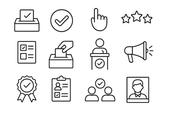 Election and voting thin line icon set. Politics, democracy, and poll symbols. Vector collection of ballot box, vote, candidate, debate, campaign, and referendum concepts.