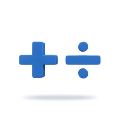 Fototapeta premium Blue plus and division symbols in 3D style against a plain white background. Mathematical symbols in a modern, isolated presentation.