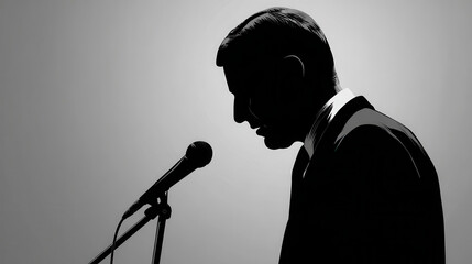 Silhouette of African American man speaking at microphone podium performing speech lecture standup comedy presentation stage event