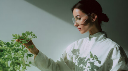 dedicated gardener interacting with holographic planting plan meticulously examining details and making notes on
