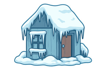 Winter house covered in snow and icicles. Frozen home in cold weather. Cartoon vector illustration of a blizzard. Ice, seasonal icon for winter concepts. Frozen cabin cottage.