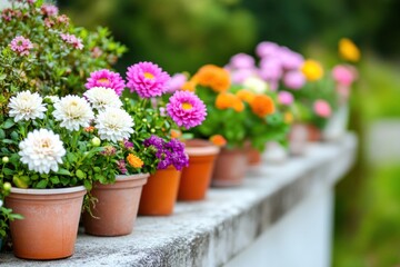 Row flower pots concrete wall are filled variety Colourful dahlia flowers blossoming