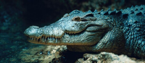 Obraz premium Resting Crocodile Head Close-up on Rocks in Dim Natural Light