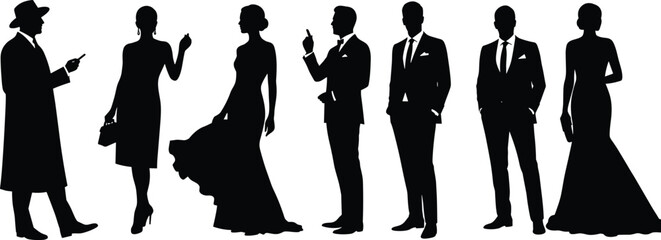 Elegant silhouettes of fashionable individuals in formal attire, a mysterious figure in a coat, and a couple in glamorous evening wear