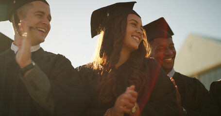 Achievement, applause and graduation with students outdoor for celebration, milestone or success....