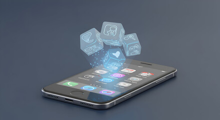 Modern smartphone displaying app icons levitating above the screen. User interface with various app icons in a futuristic, technologically advanced environment.