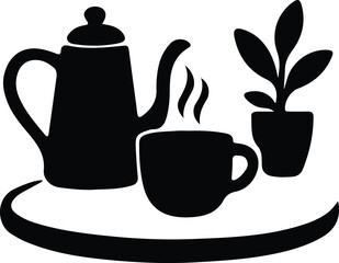 Illustrator Vector Tea pot cup with plant silhouette