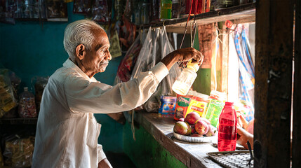 Village shopkeeper holding a plastic bottle, indian shopkeeper, old rural village shopkeeper