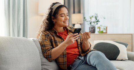 Card, phone and woman on couch with smile, online shopping and payment in app for discount. Website, ecommerce and customer on internet with fintech, sale and notification for subscription deal