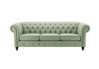 Pale green tufted sofa classic three seater with transparent background