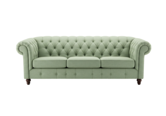 Pale green tufted sofa classic three seater with transparent background