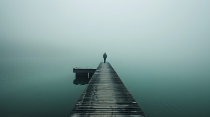 Obraz premium Isolated man at end of long foggy pier overlooking tranquil lake fading into empty white negative space, concept of loneliness, perspective and serene minimal design background