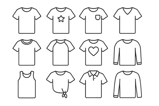 T-shirt icon set. Collection of clothes and apparel symbols. Outline vector illustration of various shirt types: polo, long sleeve, tank top. Simple linear fashion graphics.