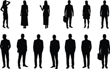 Silhouettes of professional businesspeople in formal attire, including men and women with suits, business dresses, bags, and poses perfect for corporate designs.