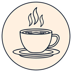 Obraz premium Stylized Steaming Cup on Saucer Badge Icon Breakfast Drink Outline