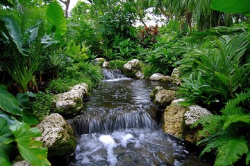 Small stream running through lush green forest is tropical vegetation