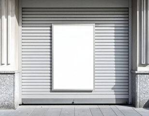 Fototapeta premium Blank Poster Mockup Pasted on Closed Metal Shop Shutter, Urban Street Scene, Editable Flyer Template