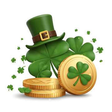A vibrant, 3D stylized leprechaun hat, coins, and shamrocks with a bright, festive design is ideal for advertising or social media content for St. Patrick's Day.