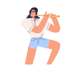 Female musician playing flute. Woman artist, performer standing, performing on music instrument, holding in hand during performance, rehearsal. Flat vector illustration isolated on white background