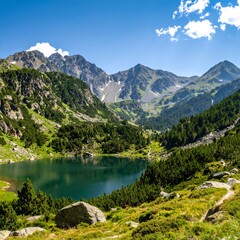 Fototapeta premium Mountain lake vista under a clear sky (1)