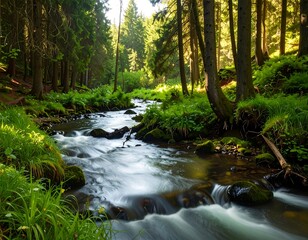 A tranquil mountain stream winds through a lush forest, bathed in dappled sunlight, showcasing the beauty of nature's serenity.