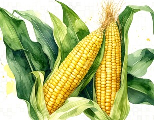 Watercolor illustration of two corn cobs