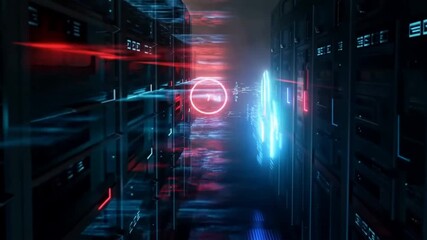 Futuristic data center corridor with glowing blued red neon lights, server racks, an holographic displays. - Powered by Adobe