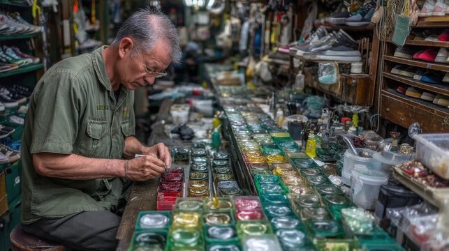 Craftsman at work carefully crafting jewelry components in a cluttered workshop