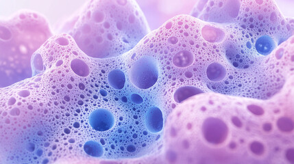 Macro view of pink and blue sponge with porous, random texture. Vibrant, abstract, and detailed surface perfect for creative, scientific, or design concepts.