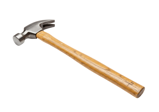 Claw hammer tool with wooden handle and transparent background