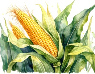 Watercolor illustration of two ears of corn with vibrant leaves